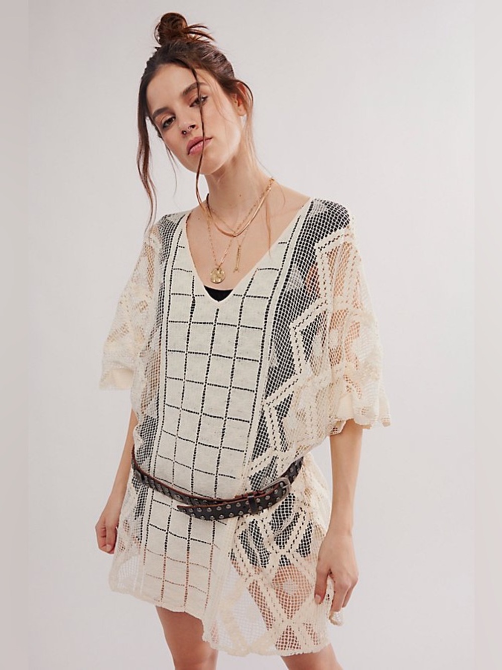 Free People Cream Open-Weave Crochet Poncho One Size Sunshine Kaftan